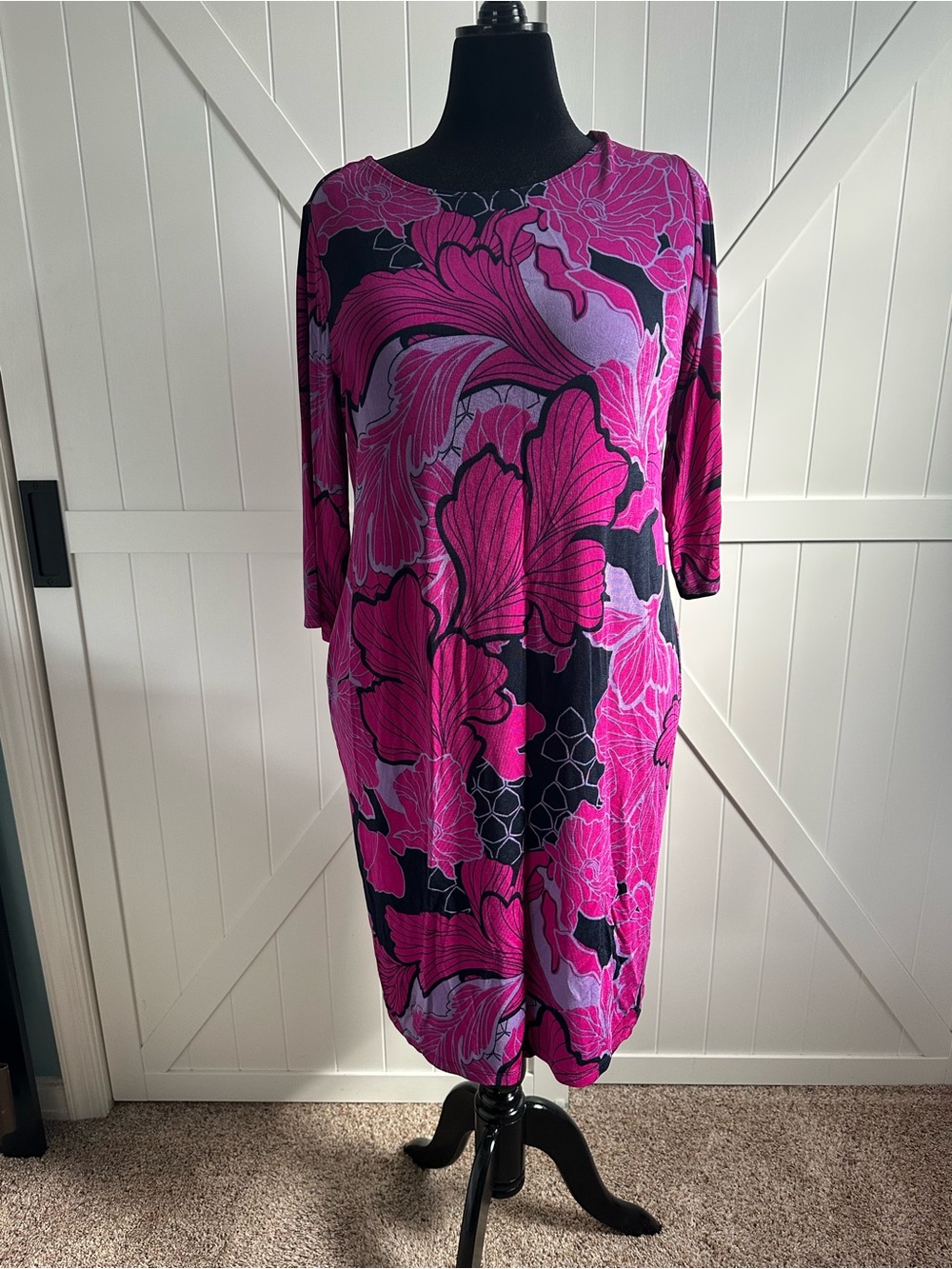 Chico’s Travelers SZ 3P Pink Black Floral Midi Shift Dress Stretch XL 16 Petite